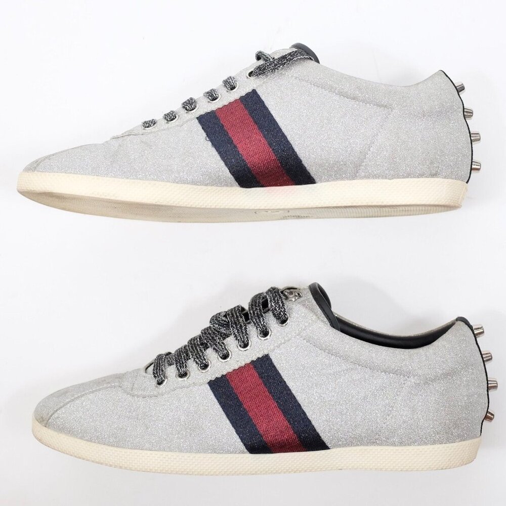 GUCCI ACE sneaker 9 US 9.5 silver glitter Web metallic studs - Picture 3 of 11
